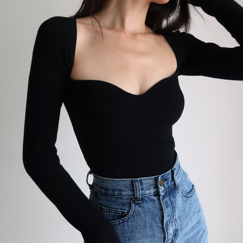 French Vintage Off-Shoulder Square Neck Fitted Long Sleeve Knit Sweater - Slimming Pullover for Autumn Winter Women