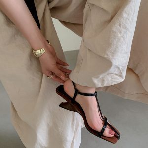 French Vintage Open-Toe Thin Strap Roman Wedge High Heels Sandals for Women - Irregular Design Summer Vacation Shoes