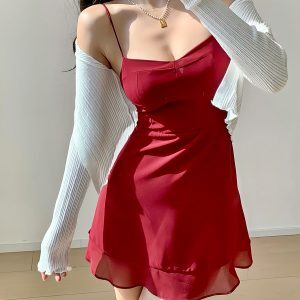 French Vintage Red Slim Sexy Ruffled Strap Mini Dress for Vacation - 90s Inspired Summer Fashion