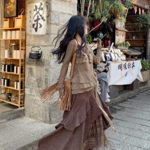 French Vintage Suede Half Skirt with Lace Splicing, Irregular A-Line High-Waisted Long Skirt Set for Versatile Styling
