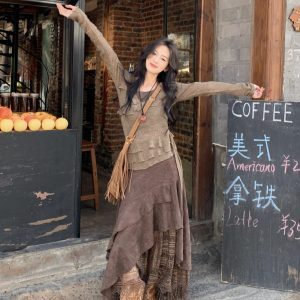 French Vintage Suede Half Skirt with Lace Splicing, Irregular A-Line High-Waisted Long Skirt Set for Versatile Styling