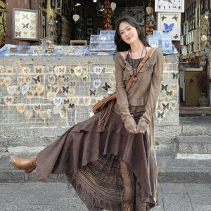 French Vintage Suede Half Skirt with Lace Splicing, Irregular A-Line High-Waisted Long Skirt Set for Versatile Styling