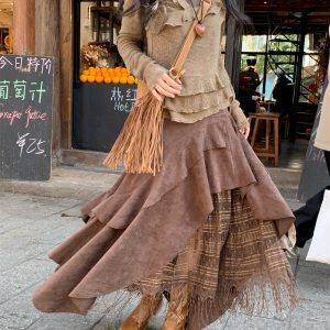 French Vintage Suede Half Skirt with Lace Splicing, Irregular A-Line High-Waisted Long Skirt Set for Versatile Styling