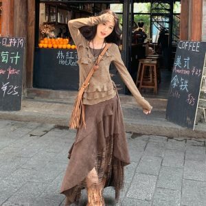 French Vintage Suede Half Skirt with Lace Splicing, Irregular A-Line High-Waisted Long Skirt Set for Versatile Styling