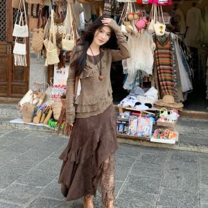 French Vintage Suede Half Skirt with Lace Splicing, Irregular A-Line High-Waisted Long Skirt Set for Versatile Styling
