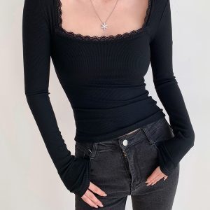 Fresh Casual Long Sleeve T-Shirt with Large Square Neck and Lace Details - French Style for Young Fashion Lovers