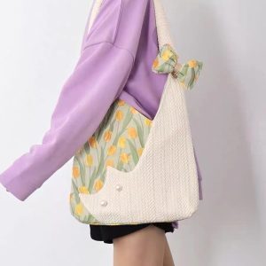 Fresh Tulip Cat Bow Shoulder Crossbody Bag - Cute Niche Large Capacity Tote for Spring and Summer Fashion