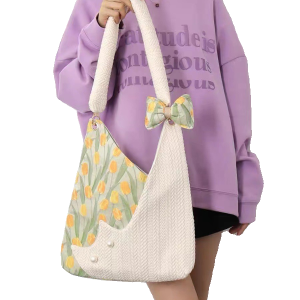 Fresh Tulip Cat Bow Shoulder Crossbody Bag - Cute Niche Large Capacity Tote for Spring and Summer Fashion