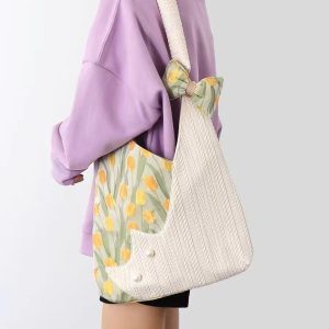Fresh Tulip Cat Bow Shoulder Crossbody Bag - Cute Niche Large Capacity Tote for Spring and Summer Fashion