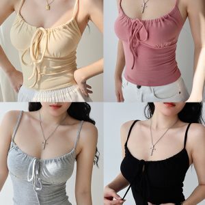 Front Pleated Tie Strap Tank Top for Girls - Slim Fit, Waist-Defining, European and American Style, Perfect for Layering