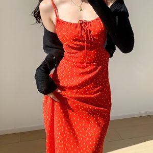 Front Tie Red Polka Dot Waist-Defining Slimming Sling Dress - European American Style Long Skirt for Women, Y2K Fashion