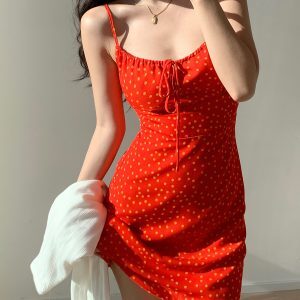 Front Tie Red Polka Dot Waist-Defining Slimming Sling Dress - European American Style Long Skirt for Women, Y2K Fashion