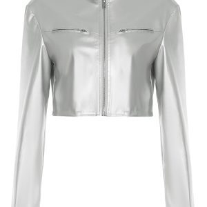Functional Windbreaker Zipper Loose Silver PU Jacket for Women - Cool Casual Leather Look, Versatile Street Style Outerwear