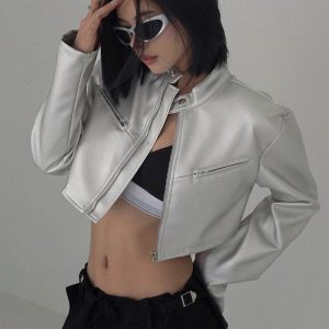 Functional Windbreaker Zipper Loose Silver PU Jacket for Women - Cool Casual Leather Look, Versatile Street Style Outerwear