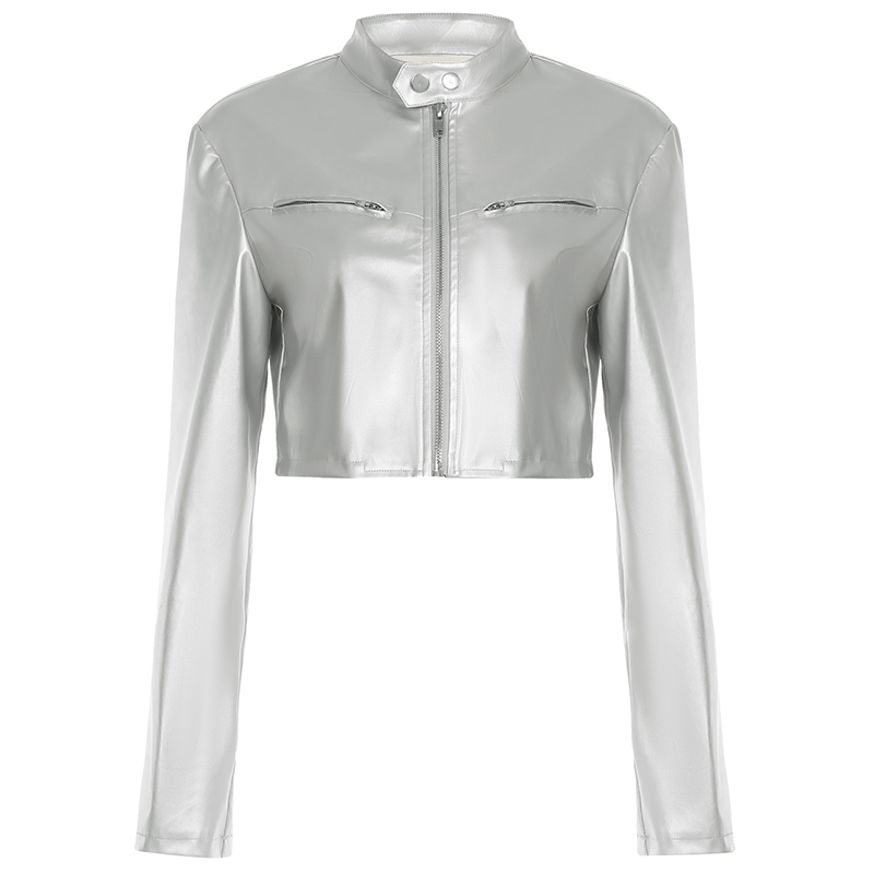 Functional Windbreaker Zipper Loose Silver PU Jacket for Women - Cool Casual Leather Look, Versatile Street Style Outerwear