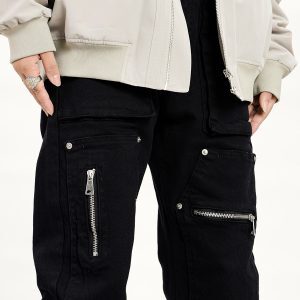 Functional Zipper Rivet Design Denim Pants for Men and Women - Slim Fit Straight Leg Trousers, Casual Streetwear Style