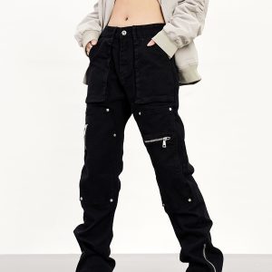 Functional Zipper Rivet Design Denim Pants for Men and Women - Slim Fit Straight Leg Trousers, Casual Streetwear Style