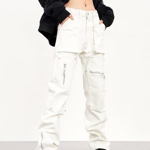 Functional Zipper Rivet Design Denim Pants for Men and Women - Slim Fit Straight Leg Trousers, Casual Streetwear Style