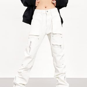 Functional Zipper Rivet Design Denim Pants for Men and Women - Slim Fit Straight Leg Trousers, Casual Streetwear Style