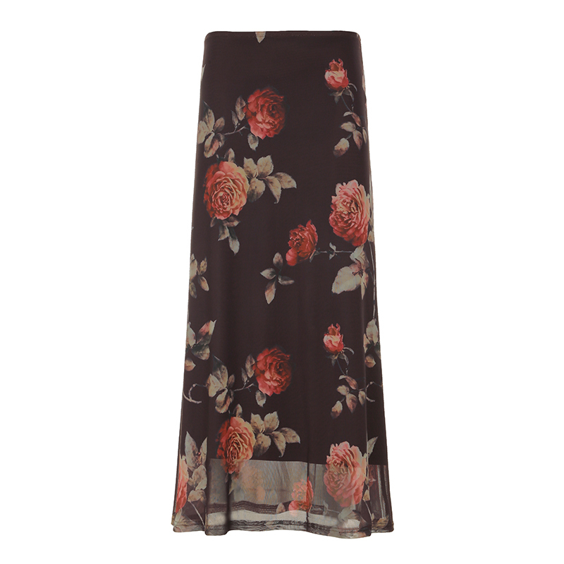 Garden Rose Vintage Printed Tulle Midi Skirt - French Style Chic Long Skirt for Women, Perfect for 90s and Y2K Fashion Lovers