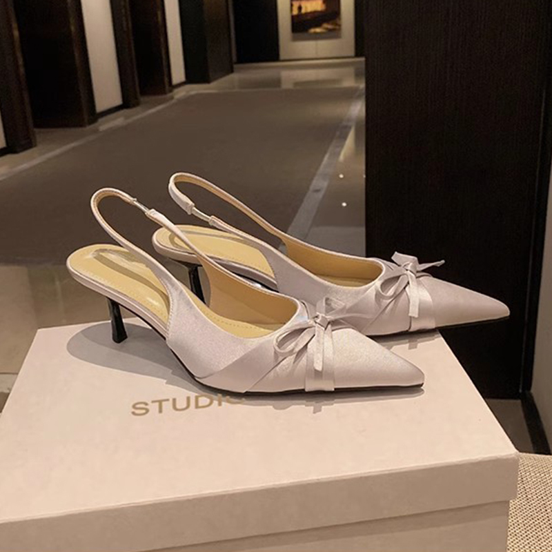 Genuine Leather Bow Pointed Toe Sandals for Women - Summer Wedding Shoes, Thin High Heels, Backless Flats, Elegant Style
