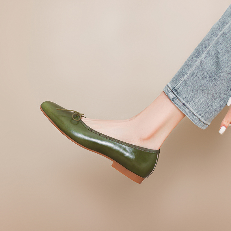 Genuine Leather French Bow Ballet Flats - Soft Bottom Vintage Inspired Grandma Shoes for Effortless Everyday Style