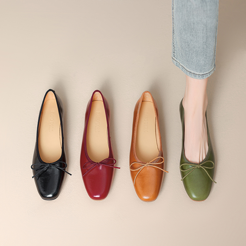 Genuine Leather French Bow Ballet Flats - Soft Bottom Vintage Inspired Grandma Shoes for Effortless Everyday Style