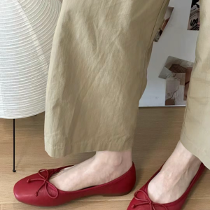 Genuine Leather French Bow Ballet Flats for Women - Little Red Slip-On Casual Loafers, Soft-Soled, Flat, Simple Design