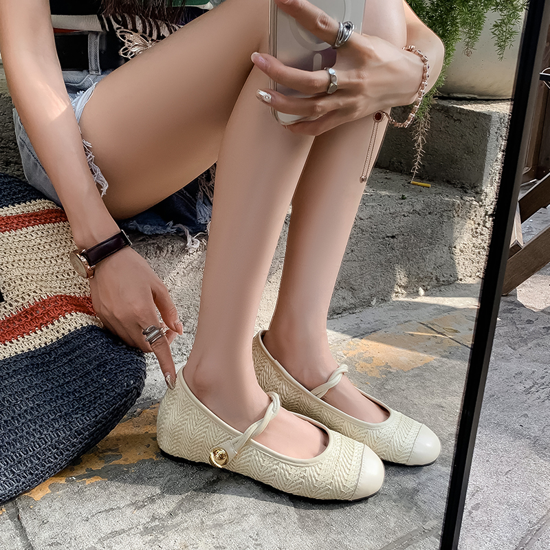 Genuine Leather French-Style Evening Ballet Flats for Women - Woven Mary Jane Shoes, Height-Increasing Vacation Summer Footwear