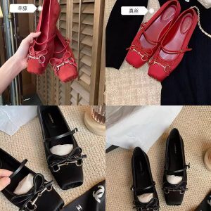 Genuine Leather Horse Bit Bow Ballet Flats - Retro French Square Toe Mary Jane Shoes for Timeless Style