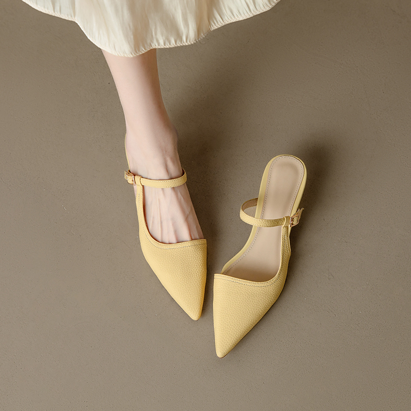 Genuine Leather One-Strap Open-Toe Half-Drag Sandals for Women - Summer Pointed Cat Heel Mules