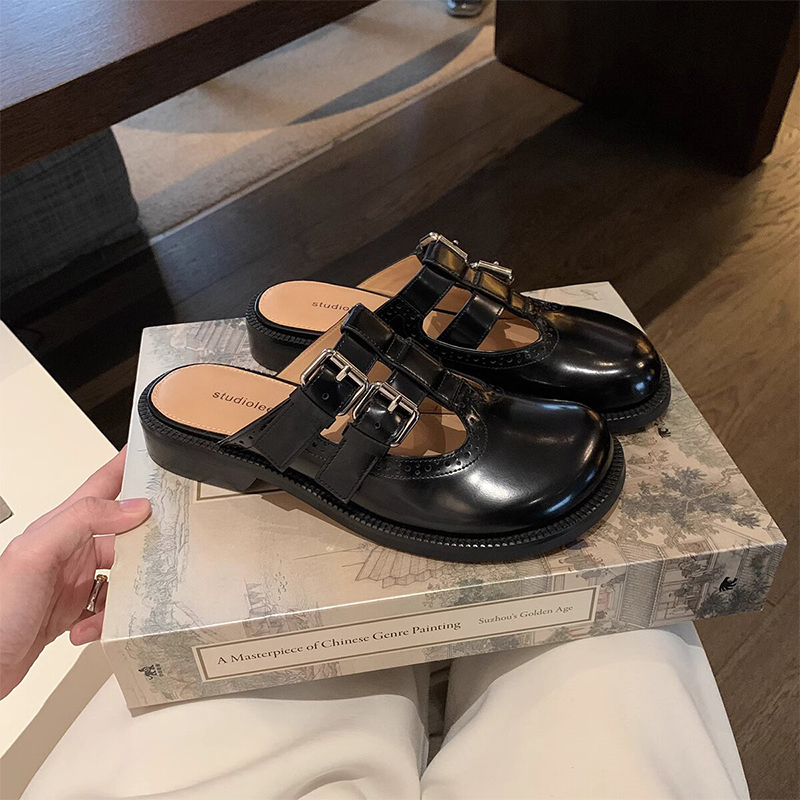Genuine Leather Retro Double Buckle Carved Toe Half Slippers for Women - Summer Outdoor Mary Jane Flat Mules