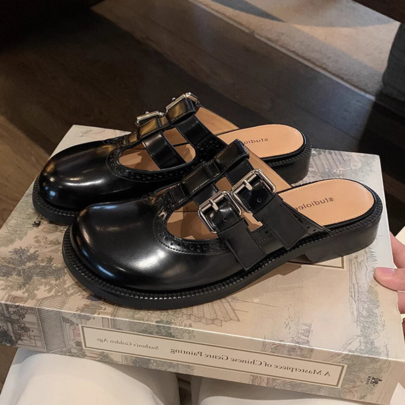 Genuine Leather Retro Double Buckle Carved Toe Half Slippers for Women - Summer Outdoor Mary Jane Flat Mules