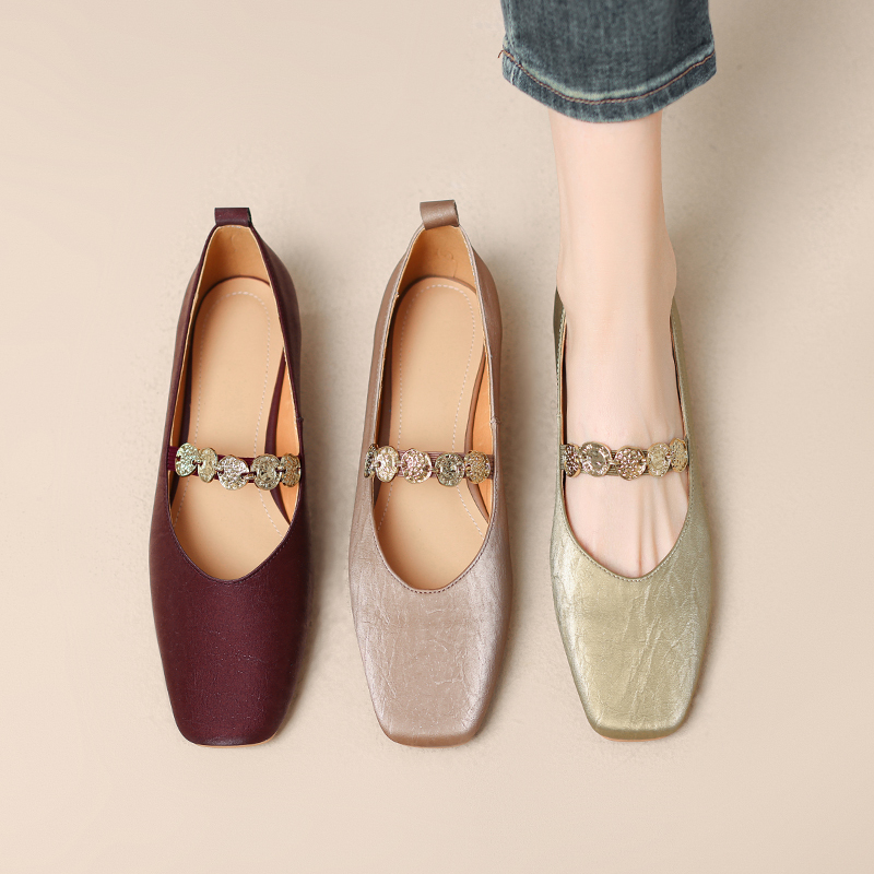 Genuine Leather Slimming Square-Toe Coin Chain French Mary Jane Shoes with Soft Flat Soles - Chic and Stylish Footwear