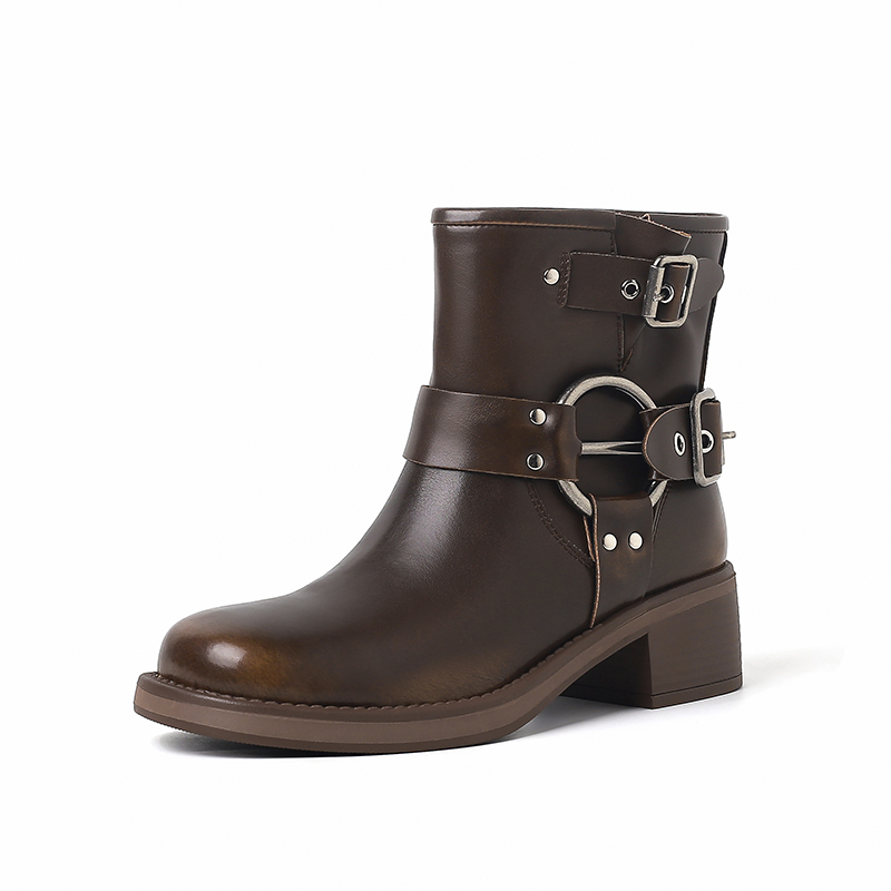 Genuine Leather Vintage Short Motorcycle Boots with Three Buckles and Chunky Heels for Women - Autumn Winter Fashion