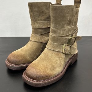 Genuine Leather Women's Martin Boots - Round Toe, Belt Buckle, Thick-Soled, Mid-Calf - 2024 Autumn Winter Western Style