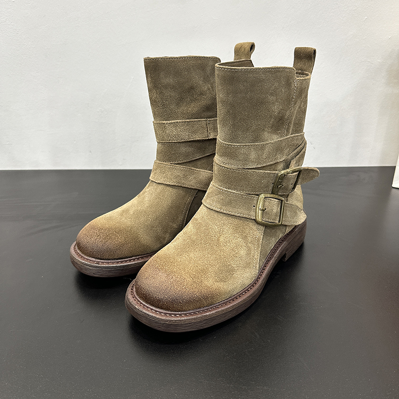 Genuine Leather Women's Martin Boots - Round Toe, Belt Buckle, Thick-Soled, Mid-Calf - 2024 Autumn Winter Western Style