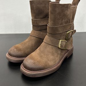 Genuine Leather Women's Martin Boots - Round Toe, Belt Buckle, Thick-Soled, Mid-Calf - 2024 Autumn Winter Western Style