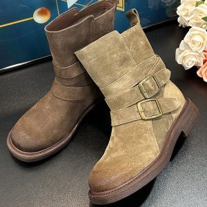 Genuine Leather Women's Martin Boots - Round Toe, Belt Buckle, Thick-Soled, Mid-Calf - 2024 Autumn Winter Western Style