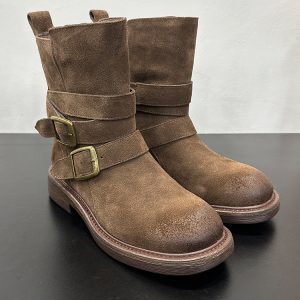 Genuine Leather Women's Martin Boots - Round Toe, Belt Buckle, Thick-Soled, Mid-Calf - 2024 Autumn Winter Western Style