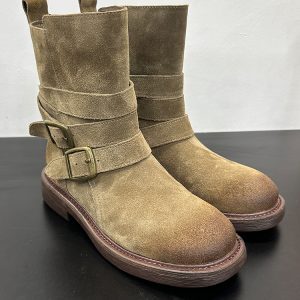 Genuine Leather Women's Martin Boots - Round Toe, Belt Buckle, Thick-Soled, Mid-Calf - 2024 Autumn Winter Western Style