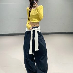 Ginger Yellow Long Sleeve Dance Sports Suit for Women with Quick-Dry Navy Casual Work Pants - Stylish Activewear Set