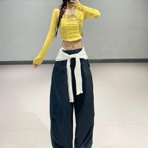 Ginger Yellow Long Sleeve Dance Sports Suit for Women with Quick-Dry Navy Casual Work Pants - Stylish Activewear Set