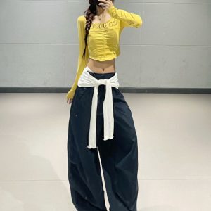 Ginger Yellow Long Sleeve Dance Sports Suit for Women with Quick-Dry Navy Casual Work Pants - Stylish Activewear Set