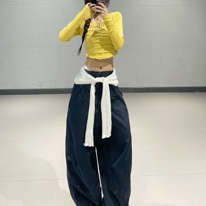 Ginger Yellow Long Sleeve Dance Sports Suit for Women with Quick-Dry Navy Casual Work Pants - Stylish Activewear Set