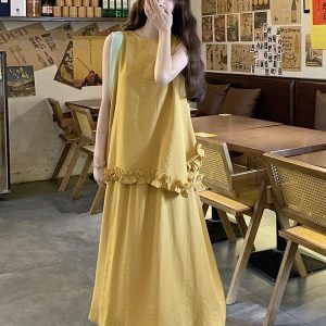 Ginger Yellow Sleeveless Vest and Long Skirt Two-Piece Set for Women - Summer 2025 Vacation Style Relaxed Fit