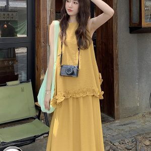 Ginger Yellow Sleeveless Vest and Long Skirt Two-Piece Set for Women - Summer 2025 Vacation Style Relaxed Fit