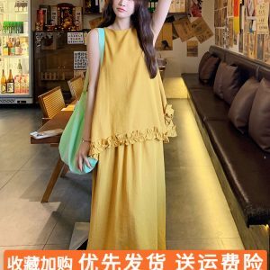 Ginger Yellow Sleeveless Vest and Long Skirt Two-Piece Set for Women - Summer 2025 Vacation Style Relaxed Fit