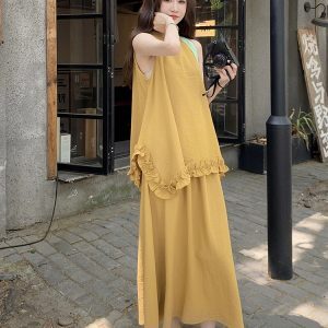 Ginger Yellow Sleeveless Vest and Long Skirt Two-Piece Set for Women - Summer 2025 Vacation Style Relaxed Fit