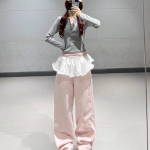 Girl Group Jazz Dance Outfit - Long Sleeve Fake Two-Piece Top & Pink Ruffled Sports Pants - Trendy Performance Wear